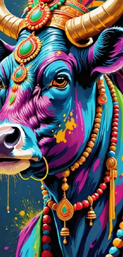 Vibrant pop art bull in colorful hues.