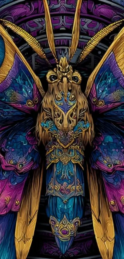 Artistic butterfly with vibrant colors and intricate patterns on a mobile wallpaper.