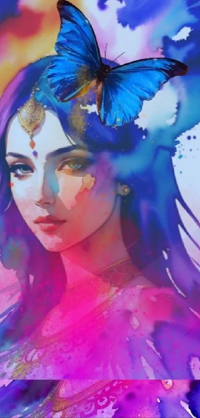 Vibrant portrait with a butterfly and colorful artistic design.