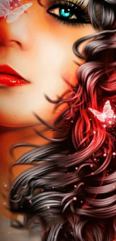 Artistic portrait with butterflies and flowing hair in vibrant red hues.