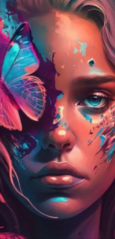 Vibrant portrait with butterfly and colorful design.