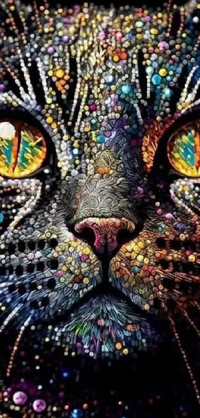 Vibrant, artistic cat with colorful jeweled design, perfect for mobile wallpaper.