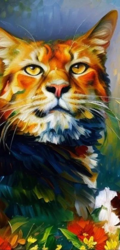 Vibrant artistic painting of a cat with colorful flowers.