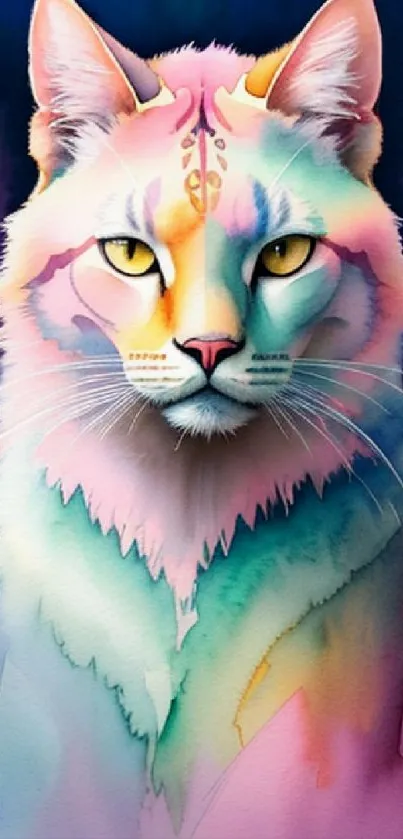 Colorful, artistic cat illustration in pastel tones with a vibrant design.