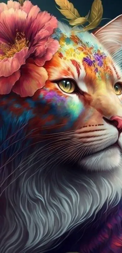 Vibrant cat with floral accents in multicolor design.