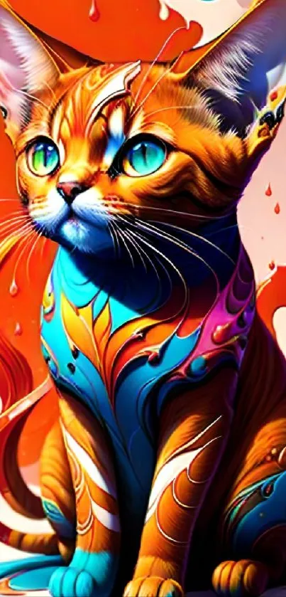 Vibrant orange cat with colorful artistic design.