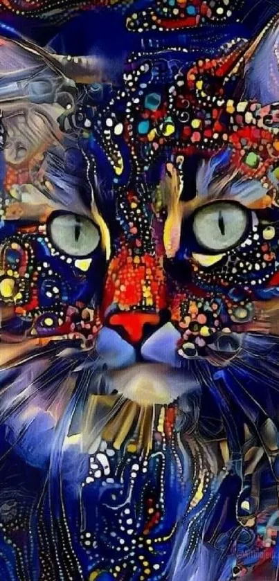 Colorful abstract cat with intricate patterns.