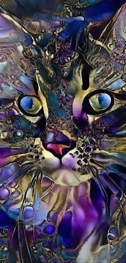 Vibrant artistic cat in abstract design with purple and blue hues.