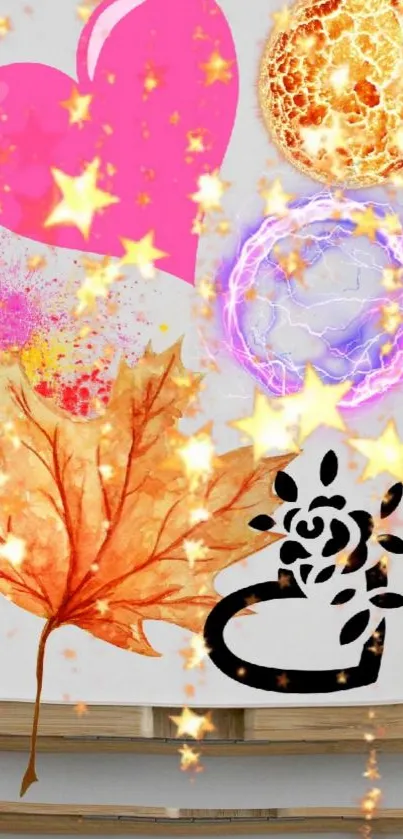 Vibrant collage wallpaper with heart, leaf, and stars against white background.