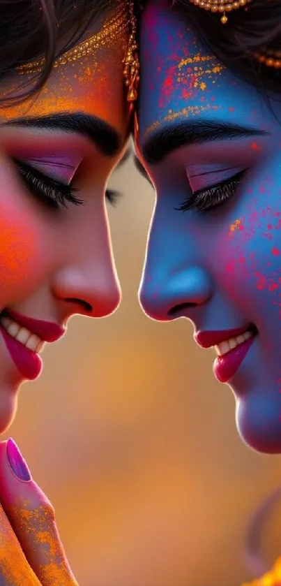 Vibrant artistic couple portrait with dynamic colors.