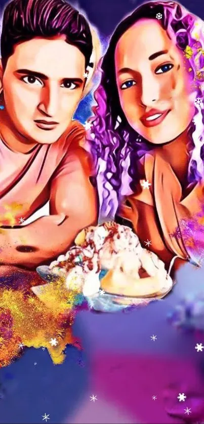 Colorful artistic couple wallpaper with vibrant designs.