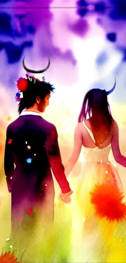 Artistic couple walking in vibrant purple abstract scenery.