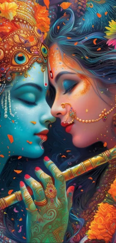 Illustrated Krishna and Radha with flute, vibrant colors.