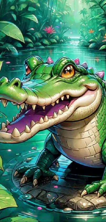 Vibrant crocodile illustration in jungle setting with lush green tones.