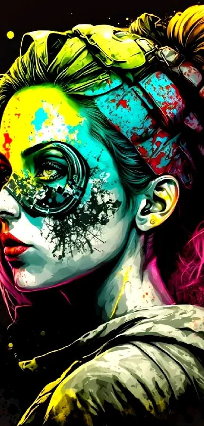 Colorful cyberpunk art of a woman with vibrant hues and abstract design.