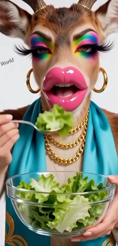 Artistic deer with vibrant makeup and accessories.