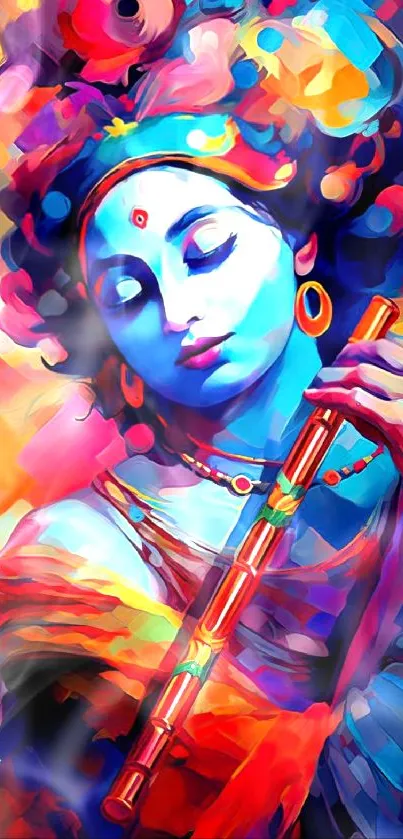 Colorful artistic depiction of a deity playing a flute, rich in vibrant hues.