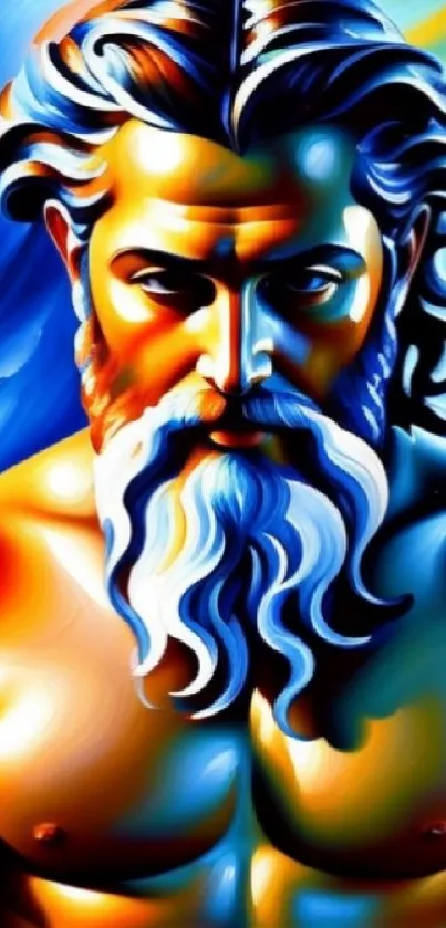 Vivid artistic depiction of a mythical figure in blue and orange hues.