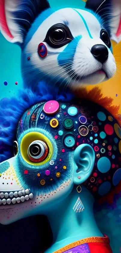 Vibrant, colorful artistic dog portrait wallpaper for mobile phone.