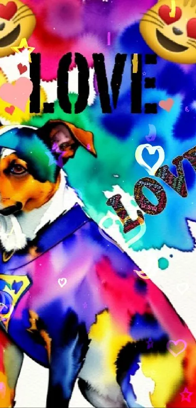 Artistic colorful dog with love theme and vibrant design for mobile wallpaper.