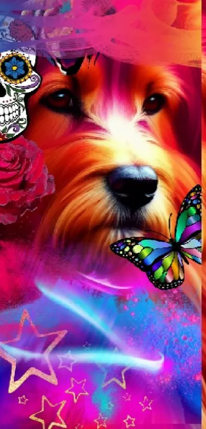 Vibrant dog wallpaper with butterfly, skull, and colorful design.