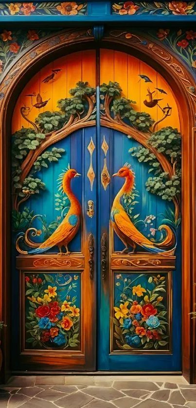 Vibrant artistic doorway with colorful designs and floral patterns.