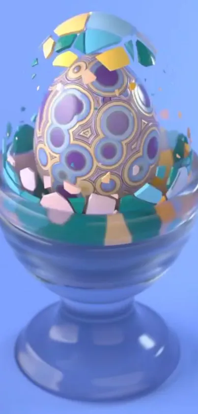 Artistic blue egg in a glass cup with colorful patterns.