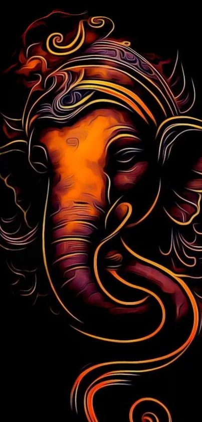 Vibrant orange and red artistic elephant on black background wallpaper