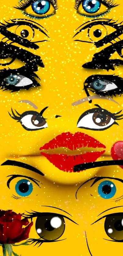 Colorful emoji wallpaper with expressive eyes and lips on a yellow background.