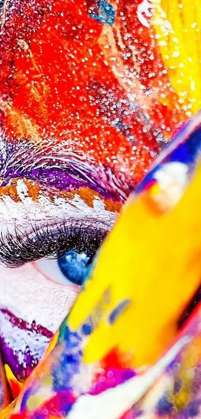 Close-up of a painted eye with vibrant colors and artistic splashes.