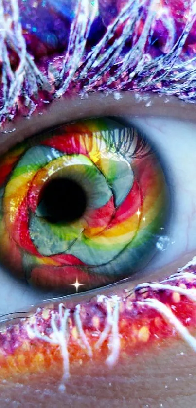 A colorful, glittery, and artistic eye close-up wallpaper.