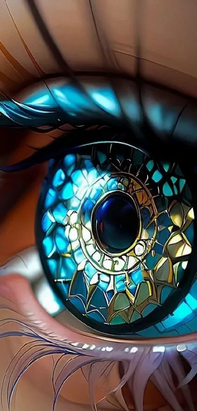 Intricate artistic eye design in blue and gold tones for mobile wallpaper.