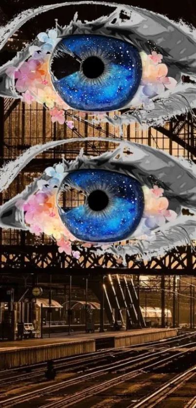 Artistic blue eyes with floral accents on industrial backdrop.