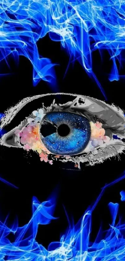 Electric blue eye with abstract flames wallpaper.