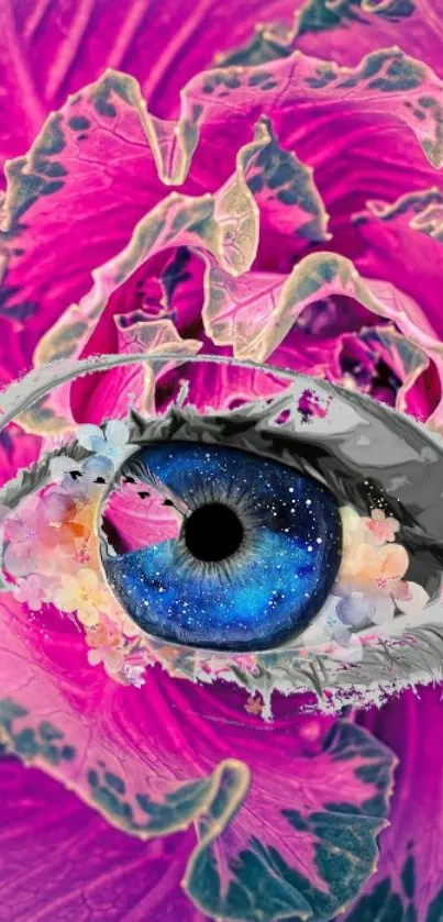 Vibrant cosmic eye with pink floral background.