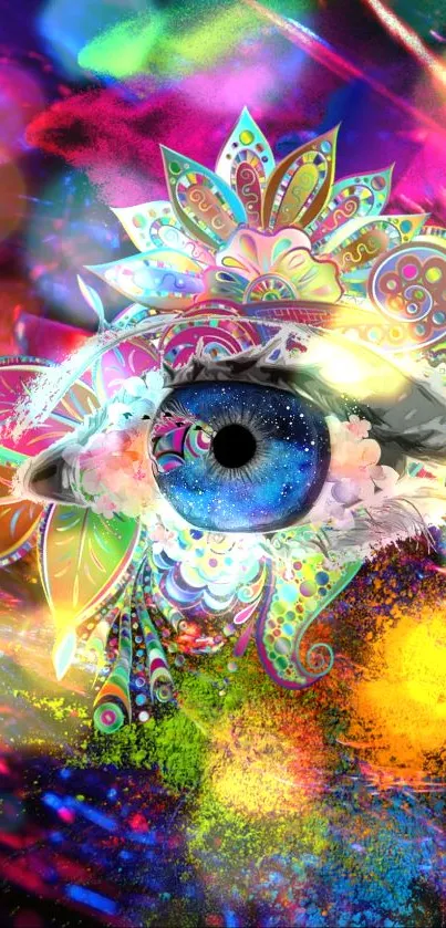 Colorful psychedelic eye with vibrant patterns and cosmic details.