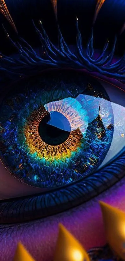 Vibrant artistic eye in bold colors with blue, gold, and purple hues.