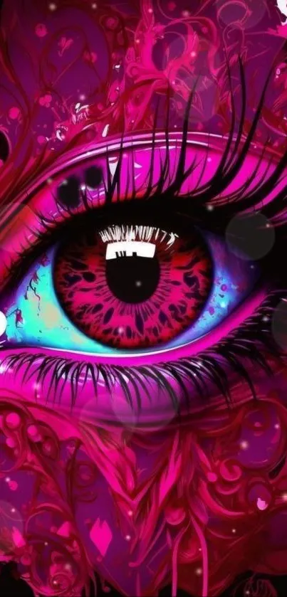 Intricate magenta and blue eye design with vibrant patterns.