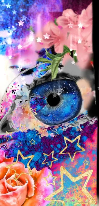 Artistic wallpaper featuring a blue eye with stars and pink roses.