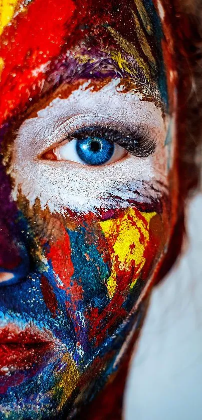 Close-up of a face with vibrant, colorful paint strokes, showcasing artistic expression.