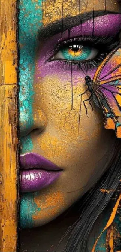 Vibrant face with butterfly and bold colors wallpaper.