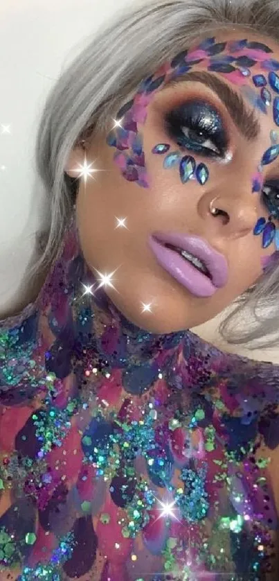 Vibrant face art with colorful makeup and glitter detailing.