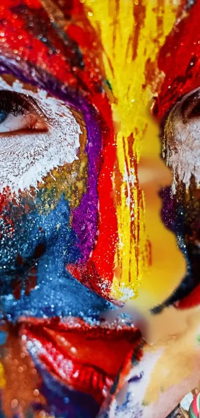 Vibrant face paint art with bold red and yellow hues on a mobile wallpaper.