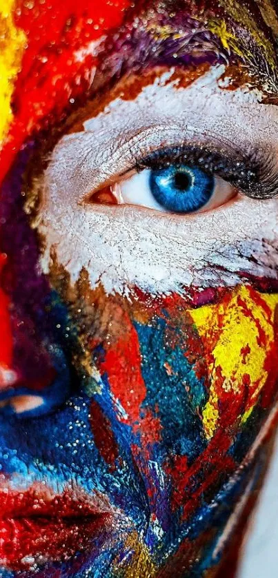 Vibrant face with colorful paint streaks and a striking blue eye.