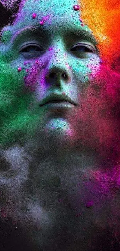 Surreal face engulfed in colorful smoke on black background wallpaper.