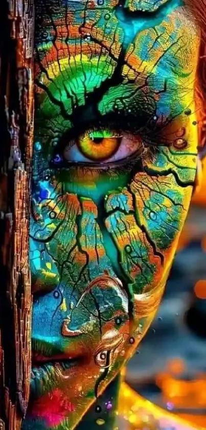 Colorful artistic face with vibrant patterns.