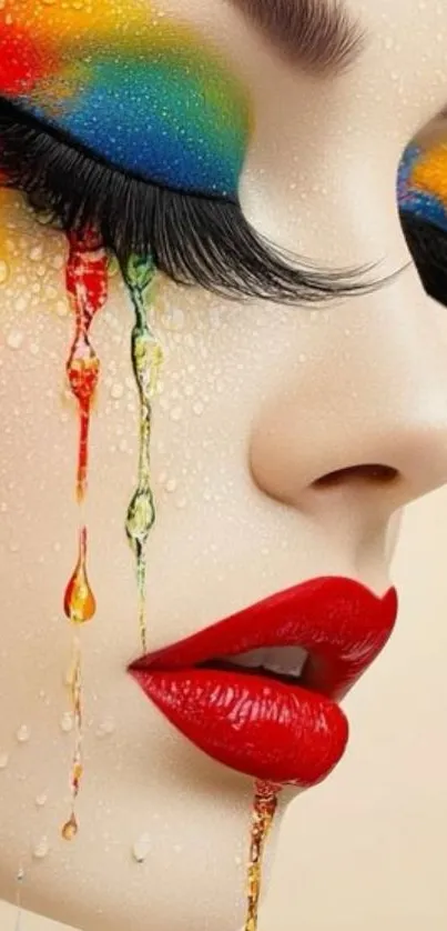 Artistic face with vibrant colorful makeup and dripping details.