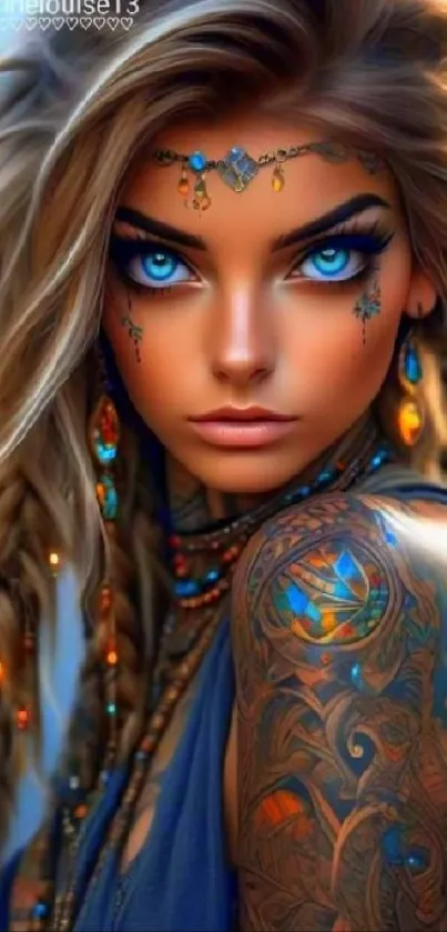 Fantasy portrait of a woman with blue eyes and tattoos in a colorful design.