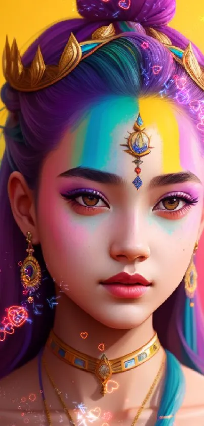 Vibrant fantasy portrait with colorful makeup and golden crown.