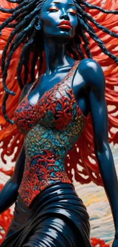 Vibrant dark blue and red artistic female figure in dynamic design.